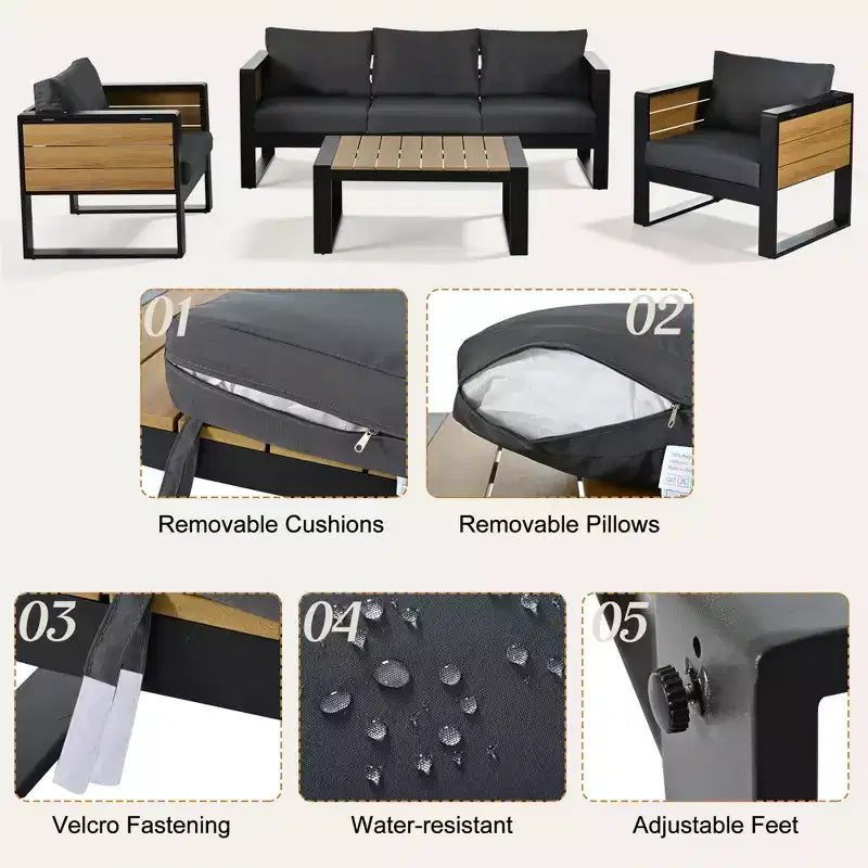 ModernLuxe Ensemble de canapé d'extérieur 4 pièces, ensemble de conversation pour terrasse, ensemble de sièges de jardin pour 5 personnes avec table basse, canapé 3 places et 2 fauteuils avec table d'appoint rabattable