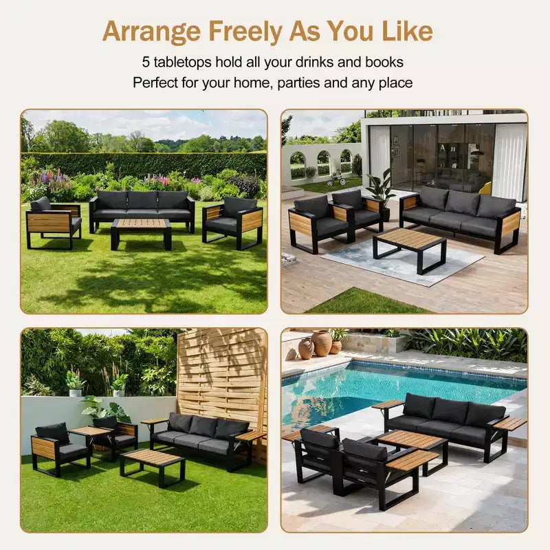 ModernLuxe Ensemble de canapé d'extérieur 4 pièces, ensemble de conversation pour terrasse, ensemble de sièges de jardin pour 5 personnes avec table basse, canapé 3 places et 2 fauteuils avec table d'appoint rabattable