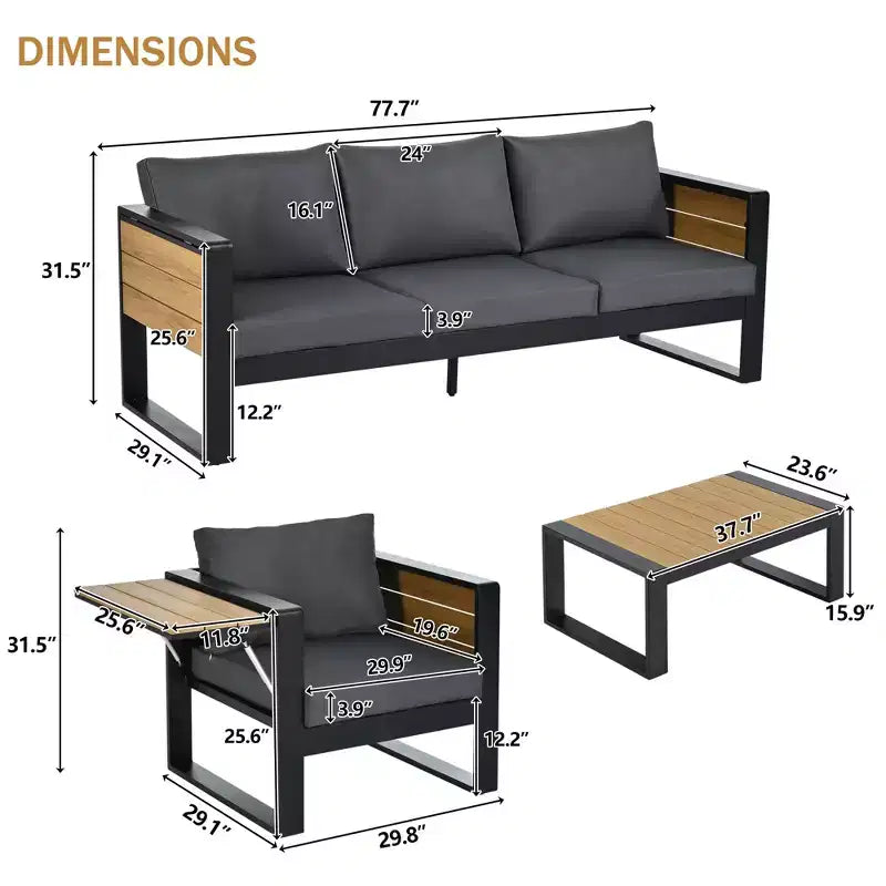 ModernLuxe Ensemble de canapé d'extérieur 4 pièces, ensemble de conversation pour terrasse, ensemble de sièges de jardin pour 5 personnes avec table basse, canapé 3 places et 2 fauteuils avec table d'appoint rabattable