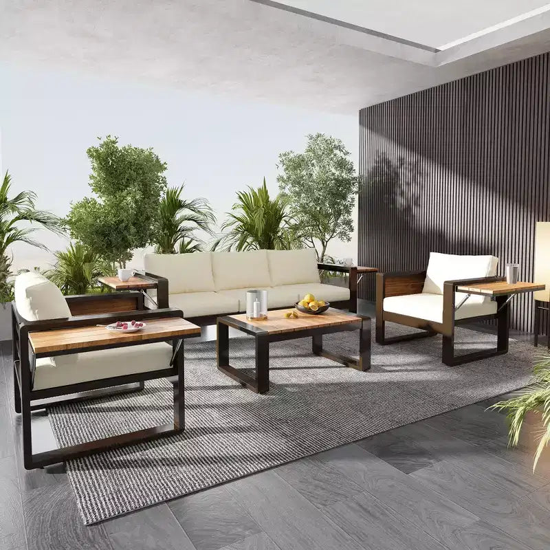 ModernLuxe Ensemble de canapé d'extérieur 4 pièces, ensemble de conversation pour terrasse, ensemble de sièges de jardin pour 5 personnes avec table basse, canapé 3 places et 2 fauteuils avec table d'appoint rabattable