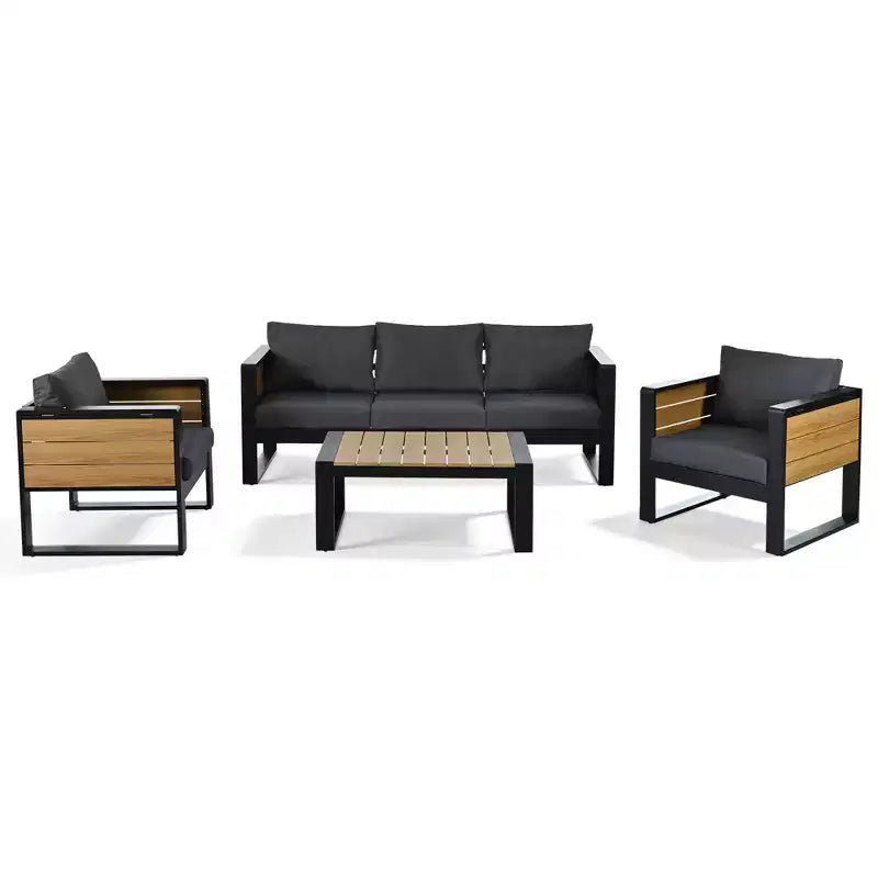 ModernLuxe Ensemble de canapé d'extérieur 4 pièces, ensemble de conversation pour terrasse, ensemble de sièges de jardin pour 5 personnes avec table basse, canapé 3 places et 2 fauteuils avec table d'appoint rabattable