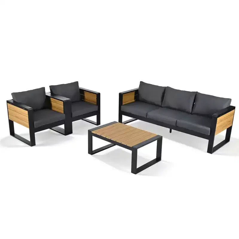 ModernLuxe Ensemble de canapé d'extérieur 4 pièces, ensemble de conversation pour terrasse, ensemble de sièges de jardin pour 5 personnes avec table basse, canapé 3 places et 2 fauteuils avec table d'appoint rabattable