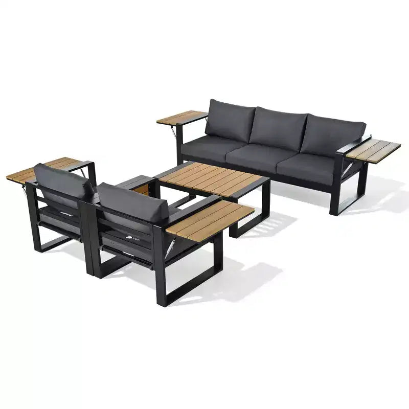 ModernLuxe Ensemble de canapé d'extérieur 4 pièces, ensemble de conversation pour terrasse, ensemble de sièges de jardin pour 5 personnes avec table basse, canapé 3 places et 2 fauteuils avec table d'appoint rabattable