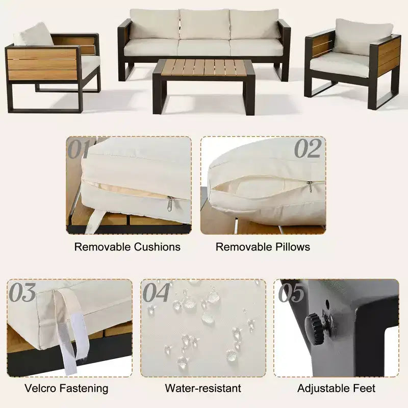 ModernLuxe Ensemble de canapé d'extérieur 4 pièces, ensemble de conversation pour terrasse, ensemble de sièges de jardin pour 5 personnes avec table basse, canapé 3 places et 2 fauteuils avec table d'appoint rabattable