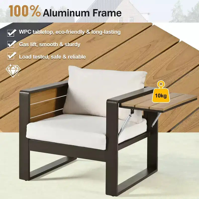 ModernLuxe Ensemble de canapé d'extérieur 4 pièces, ensemble de conversation pour terrasse, ensemble de sièges de jardin pour 5 personnes avec table basse, canapé 3 places et 2 fauteuils avec table d'appoint rabattable