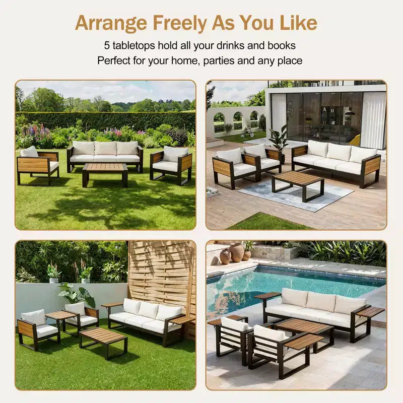 ModernLuxe Ensemble de canapé d'extérieur 4 pièces, ensemble de conversation pour terrasse, ensemble de sièges de jardin pour 5 personnes avec table basse, canapé 3 places et 2 fauteuils avec table d'appoint rabattable