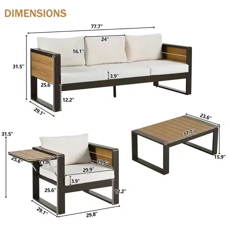 ModernLuxe Ensemble de canapé d'extérieur 4 pièces, ensemble de conversation pour terrasse, ensemble de sièges de jardin pour 5 personnes avec table basse, canapé 3 places et 2 fauteuils avec table d'appoint rabattable