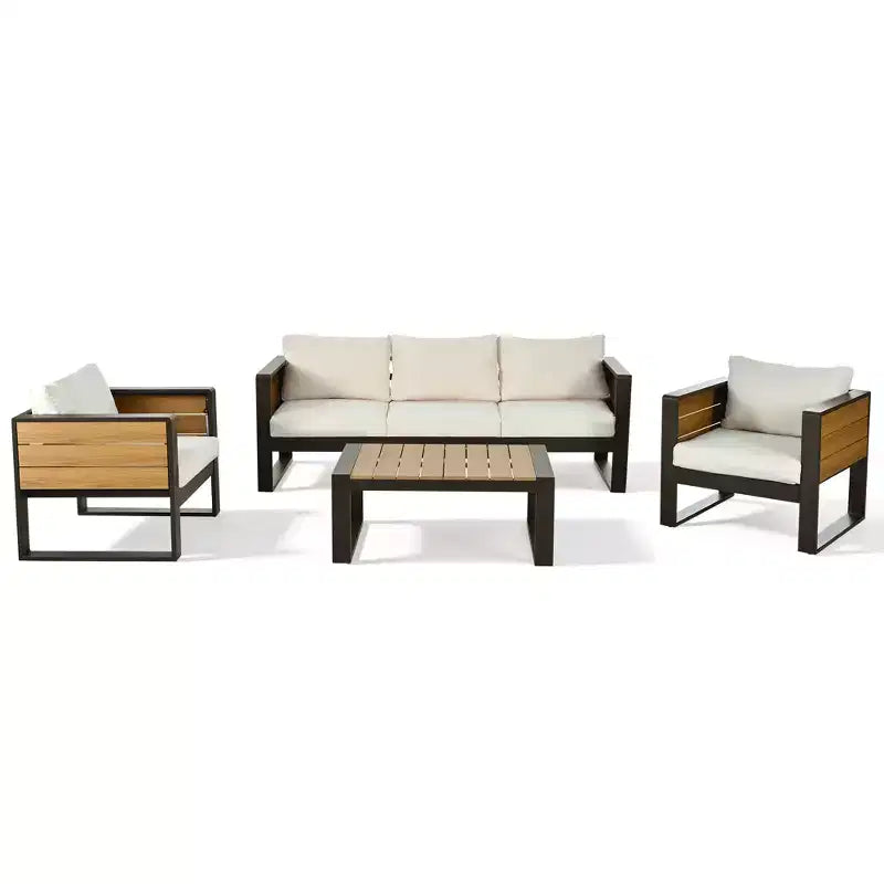 ModernLuxe Ensemble de canapé d'extérieur 4 pièces, ensemble de conversation pour terrasse, ensemble de sièges de jardin pour 5 personnes avec table basse, canapé 3 places et 2 fauteuils avec table d'appoint rabattable