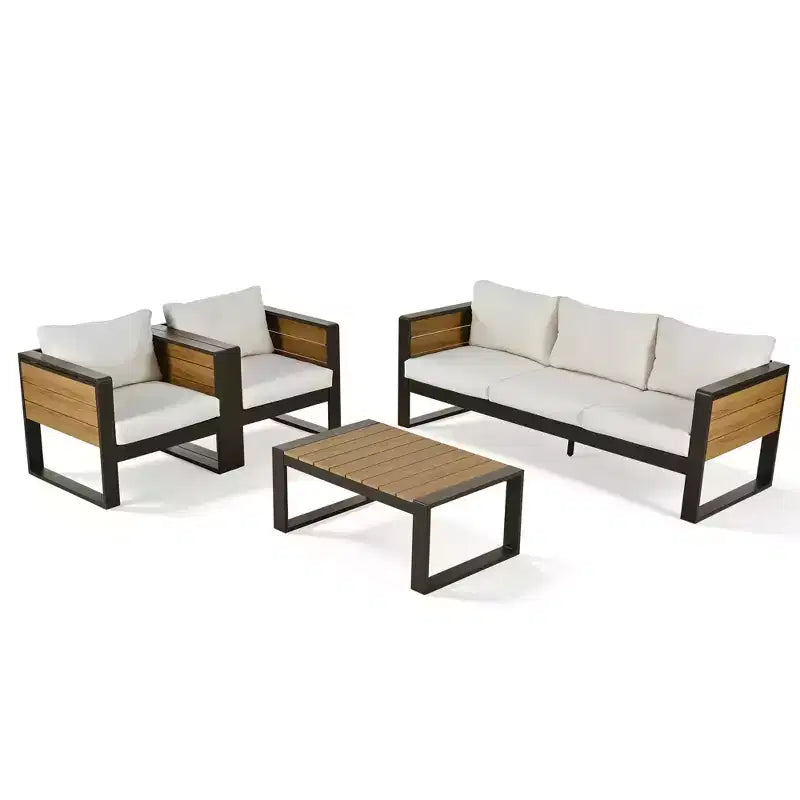 ModernLuxe Ensemble de canapé d'extérieur 4 pièces, ensemble de conversation pour terrasse, ensemble de sièges de jardin pour 5 personnes avec table basse, canapé 3 places et 2 fauteuils avec table d'appoint rabattable