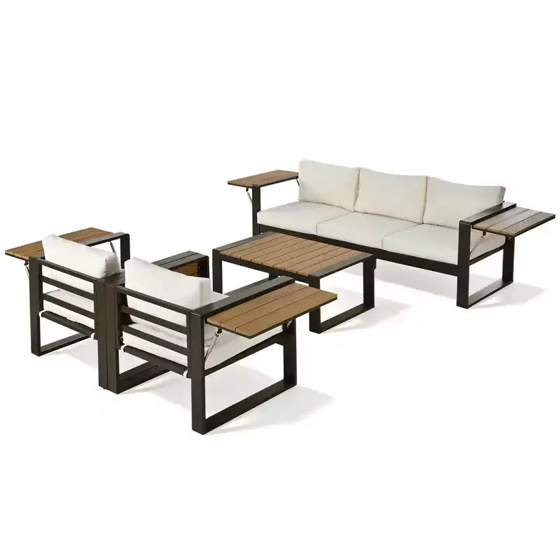 ModernLuxe Ensemble de canapé d'extérieur 4 pièces, ensemble de conversation pour terrasse, ensemble de sièges de jardin pour 5 personnes avec table basse, canapé 3 places et 2 fauteuils avec table d'appoint rabattable