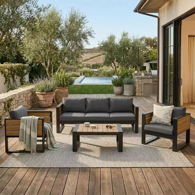 Conjunto de sofá para exteriores ModernLuxe de 4 piezas, conjunto de conversación para patio y conjunto de asientos de jardín para 5 personas con mesa de centro, sofá de 3 plazas y 2 sillones con mesa auxiliar plegable