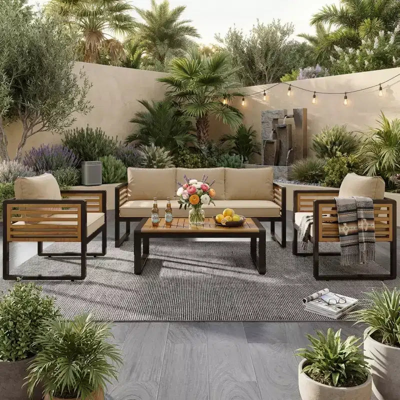 Conjunto de conversación para patio exterior Polibi de 4 piezas con cojines extraíbles