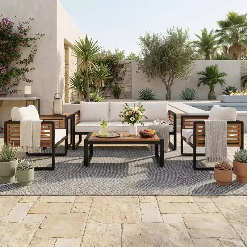 Conjunto de conversación para patio exterior Polibi de 4 piezas con cojines extraíbles