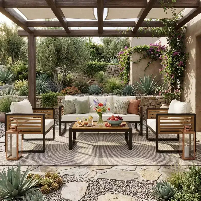 Conjunto de conversación para patio exterior Polibi de 4 piezas con cojines extraíbles