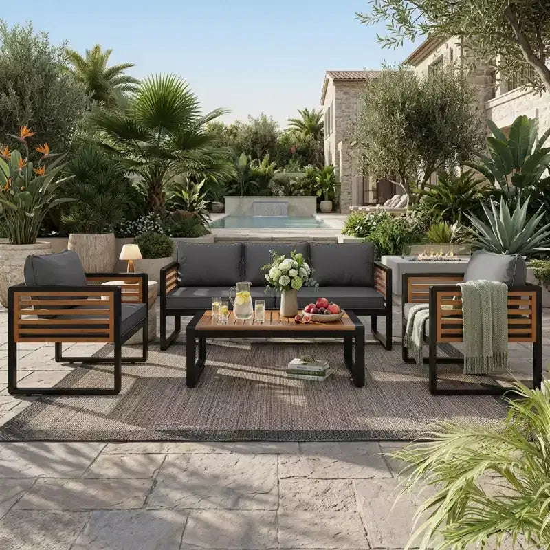 Conjunto de conversación para patio exterior Polibi de 4 piezas con cojines extraíbles