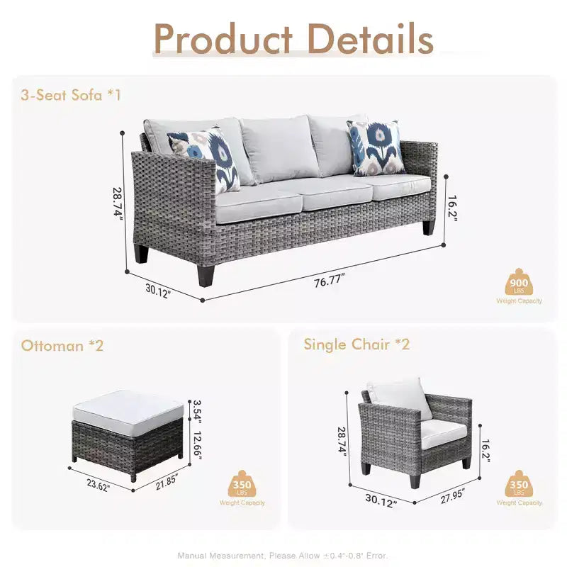 HOMLUX conjunto de muebles para patio exterior de 5 piezas: sofá de 3 plazas + 2 sillas + 2 otomanas