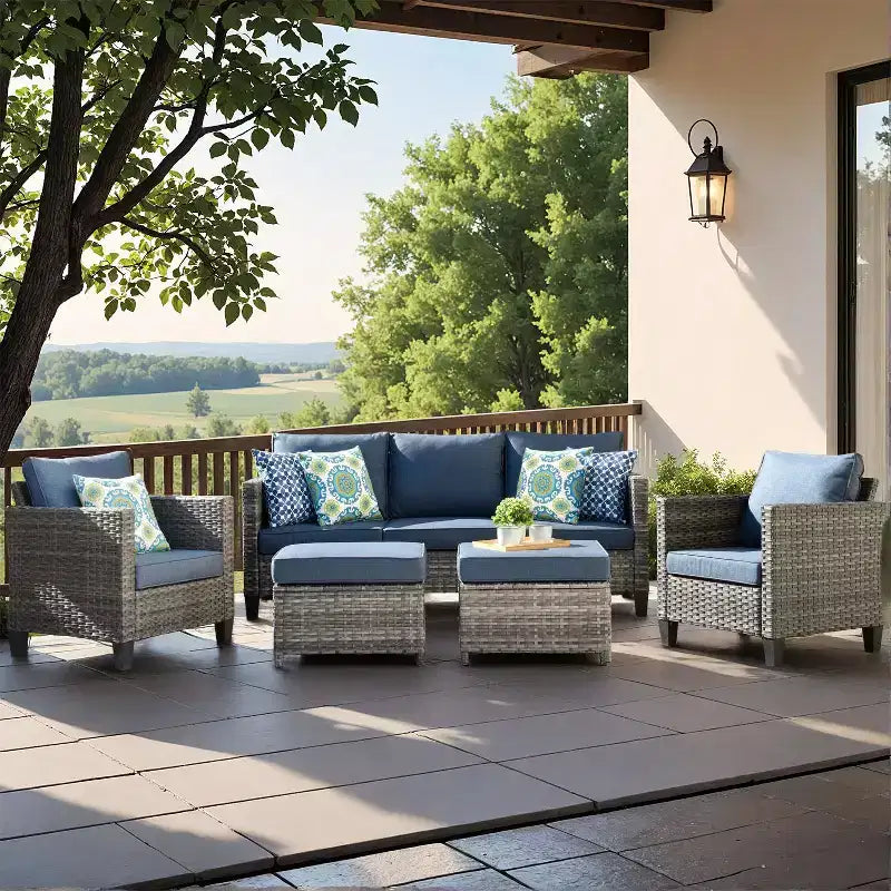 HOMLUX conjunto de muebles para patio exterior de 5 piezas: sofá de 3 plazas + 2 sillas + 2 otomanas