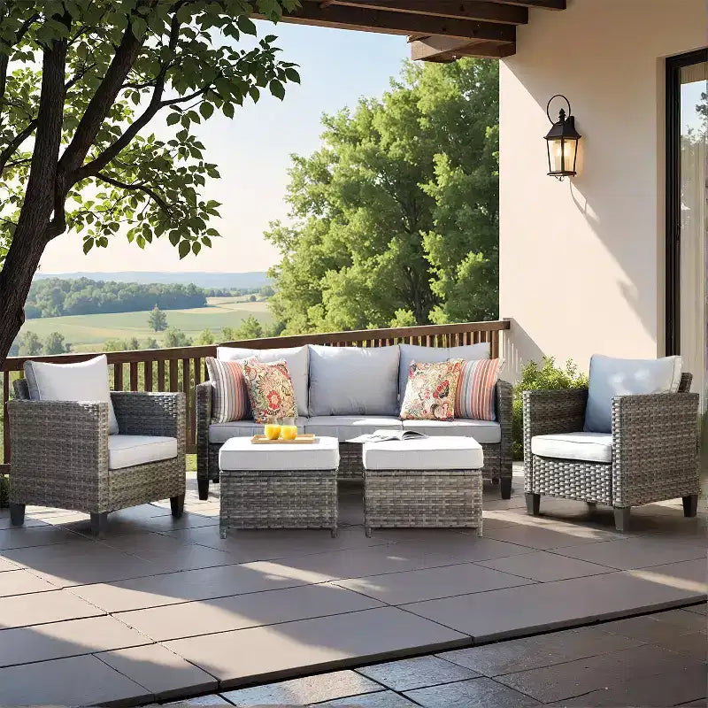 HOMLUX conjunto de muebles para patio exterior de 5 piezas: sofá de 3 plazas + 2 sillas + 2 otomanas