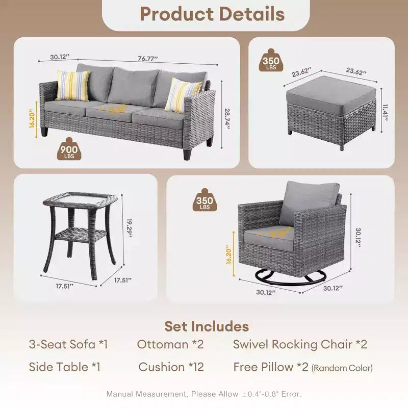 Ensemble de conversation HOMLUX de 6 pièces pour patio avec canapé 3 places, poufs et fauteuils pivotants