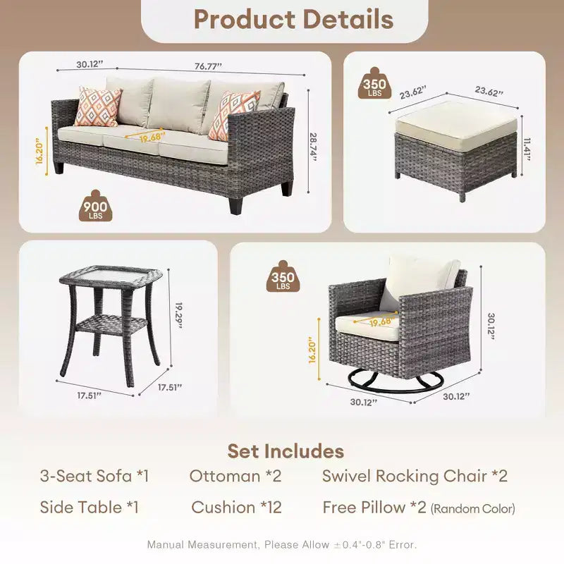 Ensemble de conversation HOMLUX de 6 pièces pour patio avec canapé 3 places, poufs et fauteuils pivotants