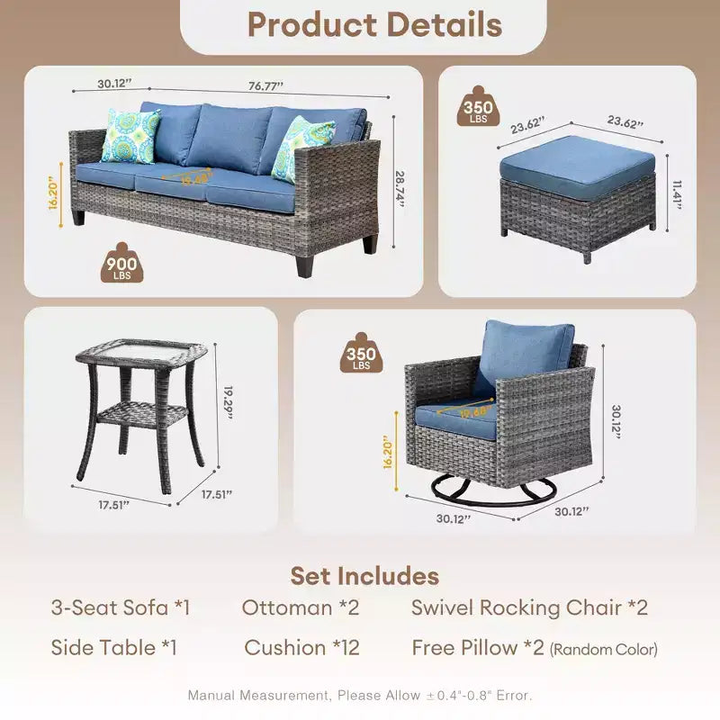 Ensemble de conversation HOMLUX de 6 pièces pour patio avec canapé 3 places, poufs et fauteuils pivotants