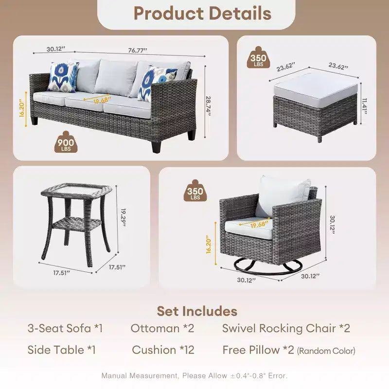 Ensemble de conversation HOMLUX de 6 pièces pour patio avec canapé 3 places, poufs et fauteuils pivotants