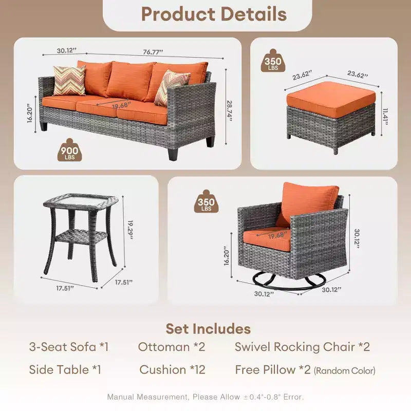 Ensemble de conversation HOMLUX de 6 pièces pour patio avec canapé 3 places, poufs et fauteuils pivotants