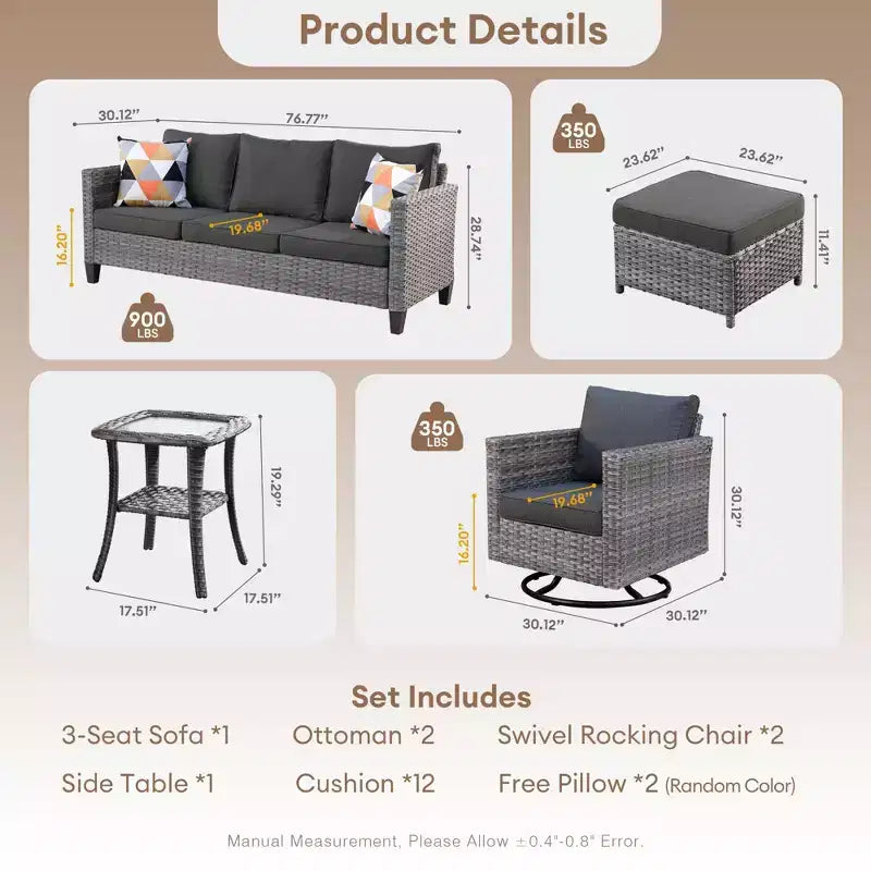 Ensemble de conversation HOMLUX de 6 pièces pour patio avec canapé 3 places, poufs et fauteuils pivotants
