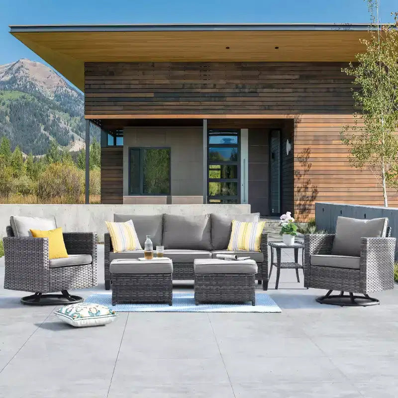 HOMLUX conjunto de conversación para patio de 6 piezas con sofá de 3 plazas y otomanas, conjunto de sillas giratorias