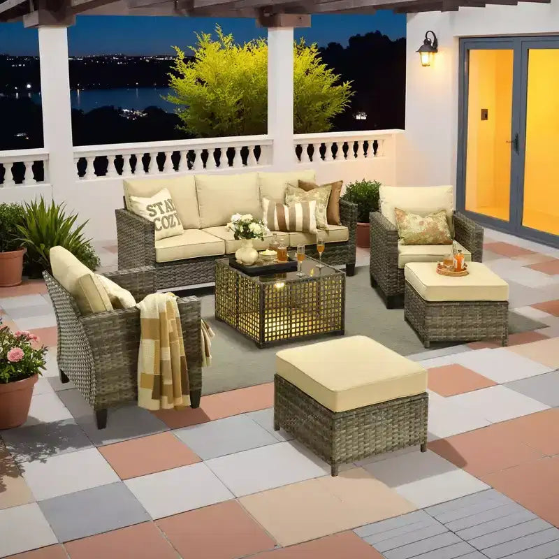 Conjunto de sofá de exterior HOMLUX de 6 piezas con otomanas y mesa de centro de ratán, diseño gris ergonómico