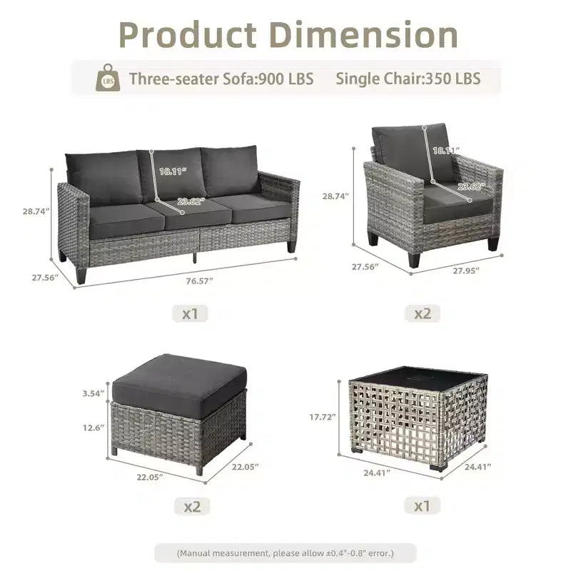 Conjunto de sofá de exterior HOMLUX de 6 piezas con otomanas y mesa de centro de ratán, diseño gris ergonómico
