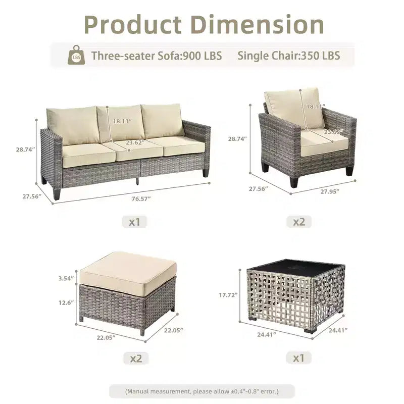 Conjunto de sofá de exterior HOMLUX de 6 piezas con otomanas y mesa de centro de ratán, diseño gris ergonómico
