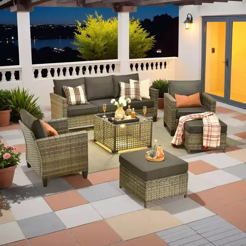 Conjunto de sofá de exterior HOMLUX de 6 piezas con otomanas y mesa de centro de ratán, diseño gris ergonómico