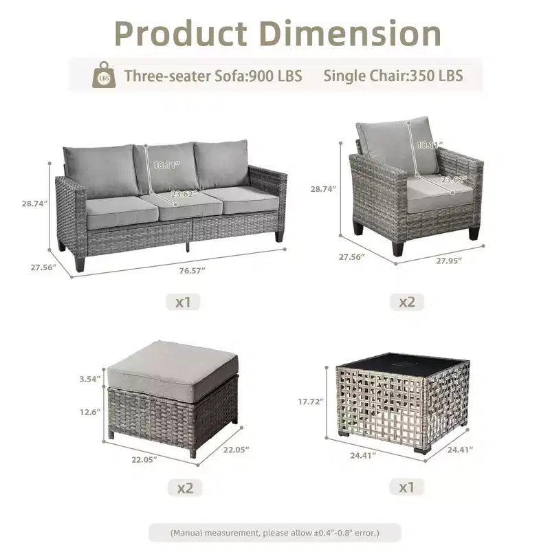 Conjunto de sofá de exterior HOMLUX de 6 piezas con otomanas y mesa de centro de ratán, diseño gris ergonómico