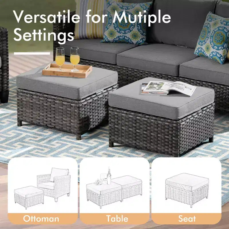 Conjunto de sofá de exterior HOMLUX de 6 piezas con otomanas y mesa de centro de ratán, diseño gris ergonómico