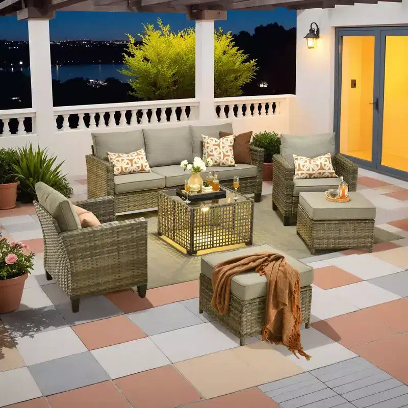 Conjunto de sofá de exterior HOMLUX de 6 piezas con otomanas y mesa de centro de ratán, diseño gris ergonómico