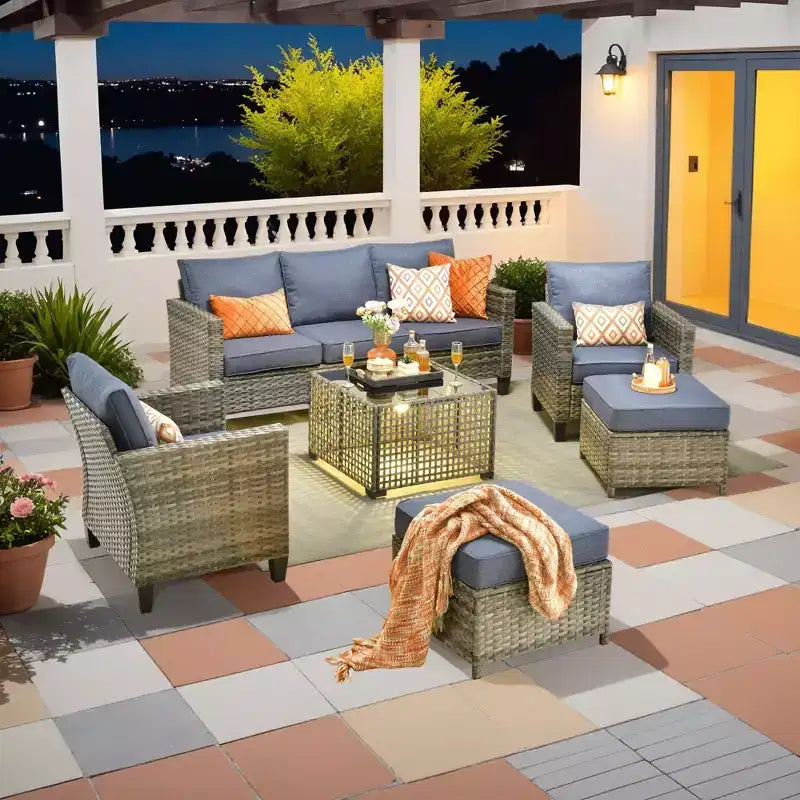 Conjunto de sofá de exterior HOMLUX de 6 piezas con otomanas y mesa de centro de ratán, diseño gris ergonómico
