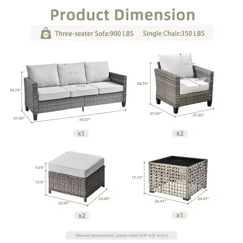 Conjunto de sofá de exterior HOMLUX de 6 piezas con otomanas y mesa de centro de ratán, diseño gris ergonómico