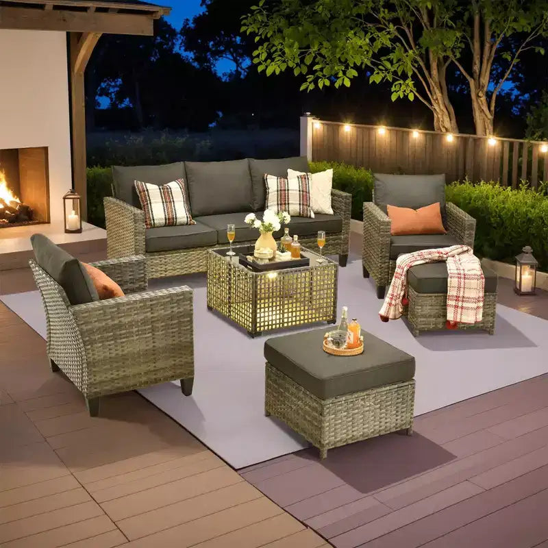Conjunto de sofá de exterior HOMLUX de 6 piezas con otomanas y mesa de centro de ratán, diseño gris ergonómico