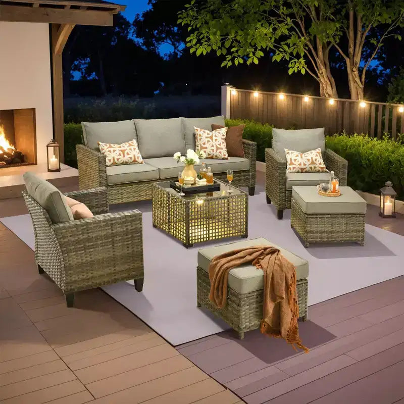 Conjunto de sofá de exterior HOMLUX de 6 piezas con otomanas y mesa de centro de ratán, diseño gris ergonómico