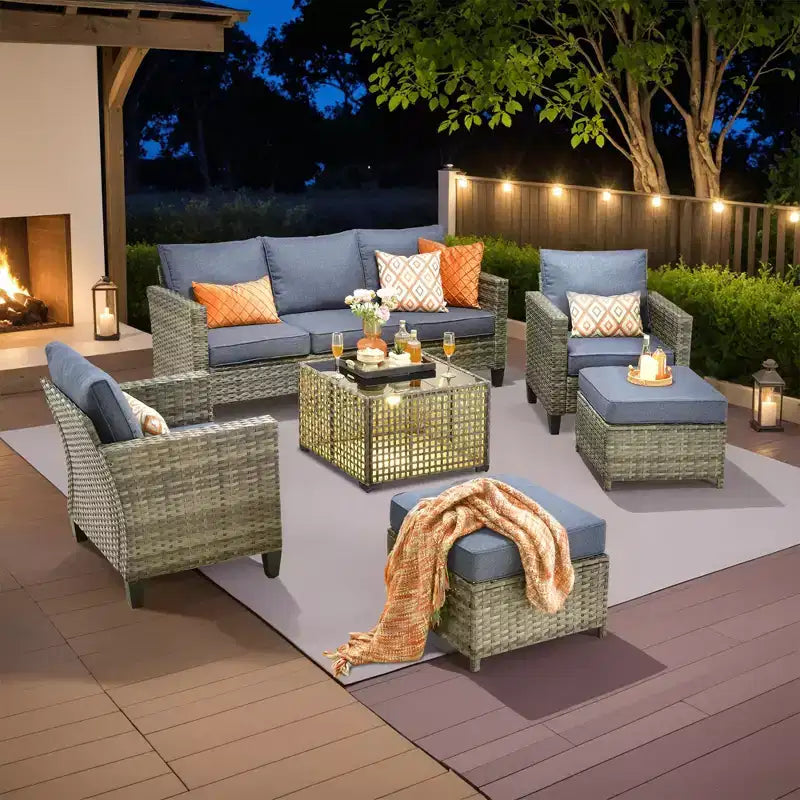 Conjunto de sofá de exterior HOMLUX de 6 piezas con otomanas y mesa de centro de ratán, diseño gris ergonómico