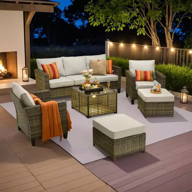 Conjunto de sofá de exterior HOMLUX de 6 piezas con otomanas y mesa de centro de ratán, diseño gris ergonómico