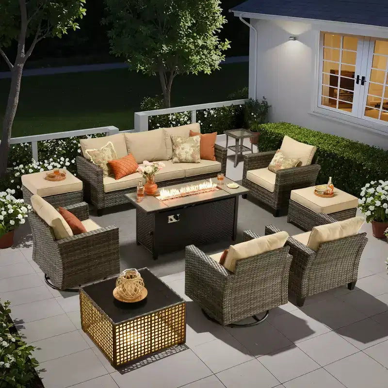 HOMLUX conjunto de asientos para patio de 10 piezas con mesa con fogón de 54 y sillas giratorias