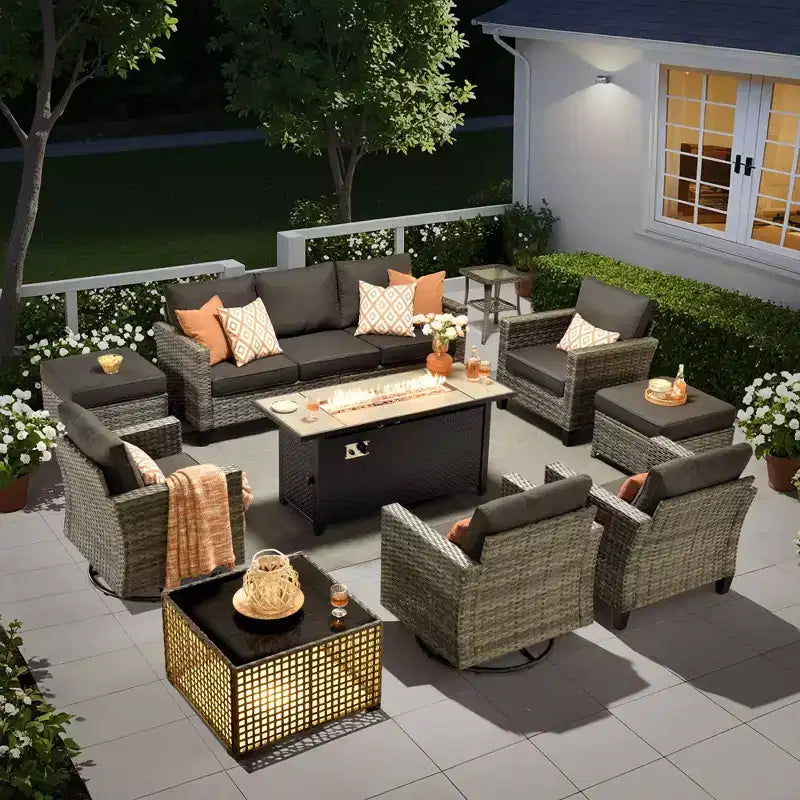 HOMLUX conjunto de asientos para patio de 10 piezas con mesa con fogón de 54 y sillas giratorias