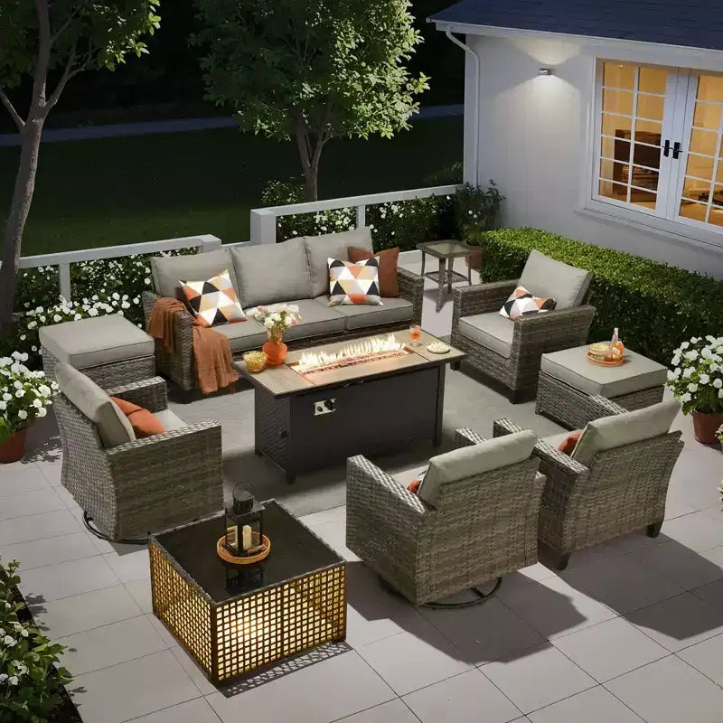HOMLUX conjunto de asientos para patio de 10 piezas con mesa con fogón de 54 y sillas giratorias