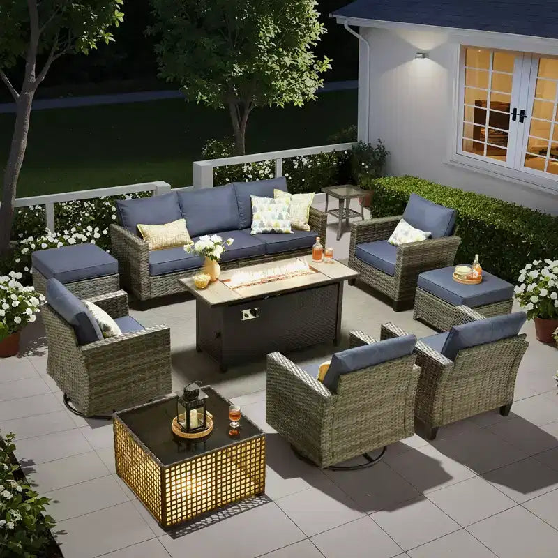 HOMLUX conjunto de asientos para patio de 10 piezas con mesa con fogón de 54 y sillas giratorias