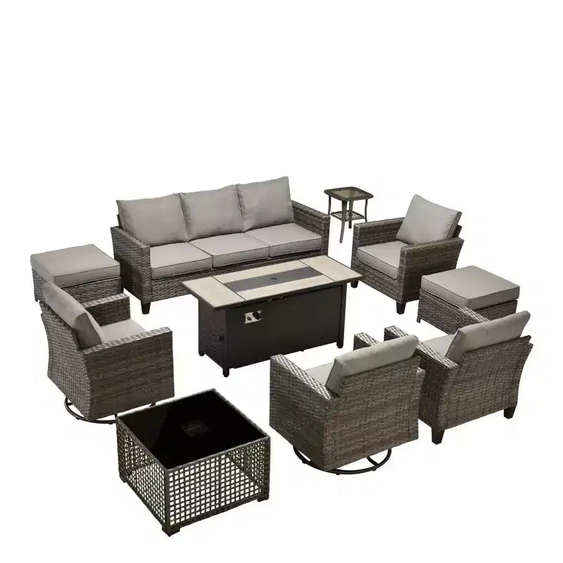 HOMLUX conjunto de asientos para patio de 10 piezas con mesa con fogón de 54 y sillas giratorias