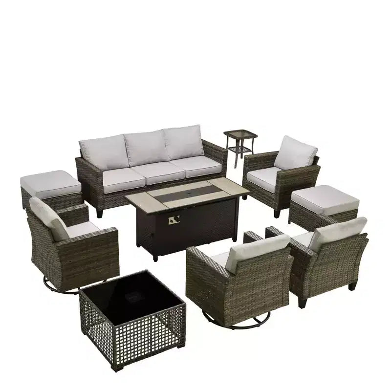 HOMLUX conjunto de asientos para patio de 10 piezas con mesa con fogón de 54 y sillas giratorias