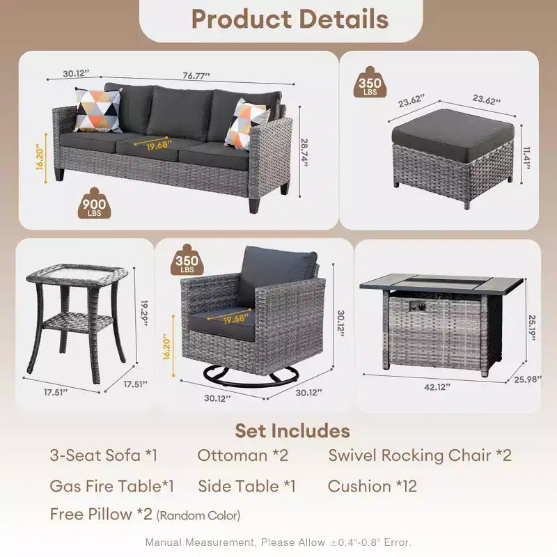 HOMLUX Conjunto de patio exterior de 7 piezas con mesa brasero, sofá, sillas giratorias y otomana