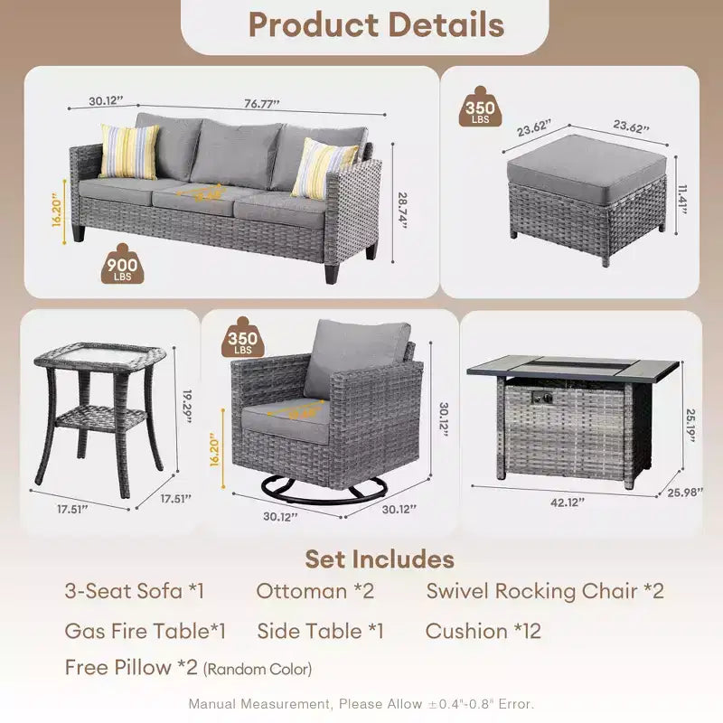 HOMLUX Conjunto de patio exterior de 7 piezas con mesa brasero, sofá, sillas giratorias y otomana